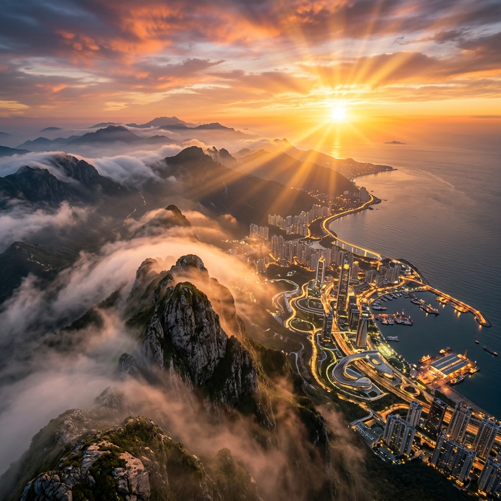 Exemplo visual de Tomada Aérea cinematográfica gerada por IA